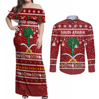 Saudi Arabia Christmas Couples Matching Off Shoulder Maxi Dress and Long Sleeve Button Shirt with Red Festive Pattern, National Emblem with Palm and Swords, and Map Motif - Wonder Print Shop