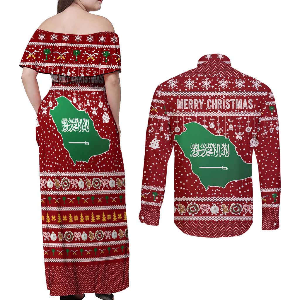 Saudi Arabia Christmas Couples Matching Off Shoulder Maxi Dress and Long Sleeve Button Shirt with Red Festive Pattern, National Emblem with Palm and Swords, and Map Motif - Wonder Print Shop