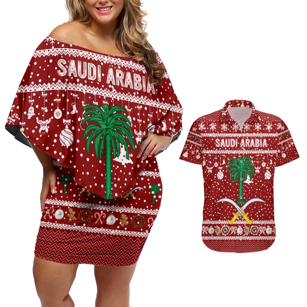 Saudi Arabia Christmas Couples Matching Off Shoulder Short Dress and Hawaiian Shirt with Red Festive Pattern, National Emblem with Palm and Swords, and Map Motif - Wonder Print Shop