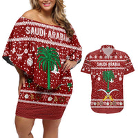 Saudi Arabia Christmas Couples Matching Off Shoulder Short Dress and Hawaiian Shirt with Red Festive Pattern, National Emblem with Palm and Swords, and Map Motif - Wonder Print Shop