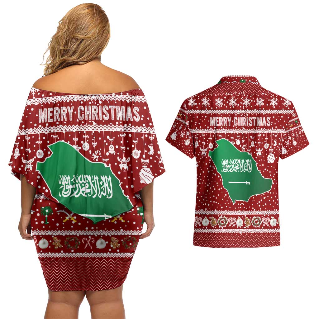 Saudi Arabia Christmas Couples Matching Off Shoulder Short Dress and Hawaiian Shirt with Red Festive Pattern, National Emblem with Palm and Swords, and Map Motif - Wonder Print Shop