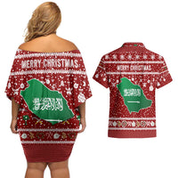 Saudi Arabia Christmas Couples Matching Off Shoulder Short Dress and Hawaiian Shirt with Red Festive Pattern, National Emblem with Palm and Swords, and Map Motif - Wonder Print Shop