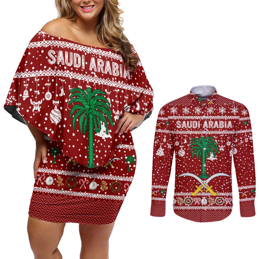 Saudi Arabia Christmas Couples Matching Off Shoulder Short Dress and Long Sleeve Button Shirt with Red Festive Pattern, National Emblem with Palm and Swords, and Map Motif - Wonder Print Shop