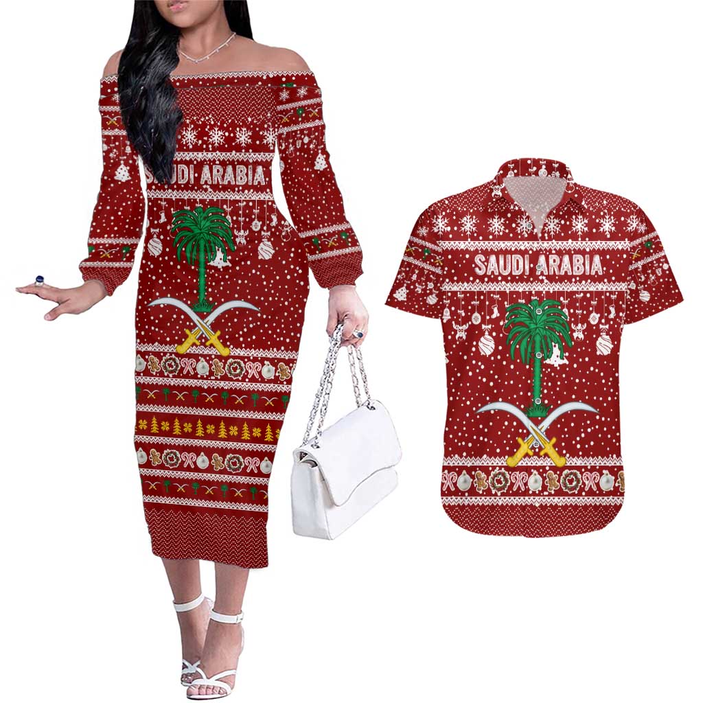 Saudi Arabia Christmas Couples Matching Off The Shoulder Long Sleeve Dress and Hawaiian Shirt with Red Festive Pattern, National Emblem with Palm and Swords, and Map Motif - Wonder Print Shop