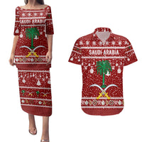 Saudi Arabia Christmas Couples Matching Puletasi and Hawaiian Shirt with Red Festive Pattern, National Emblem with Palm and Swords, and Map Motif - Wonder Print Shop