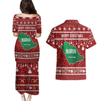 Saudi Arabia Christmas Couples Matching Puletasi and Hawaiian Shirt with Red Festive Pattern, National Emblem with Palm and Swords, and Map Motif - Wonder Print Shop