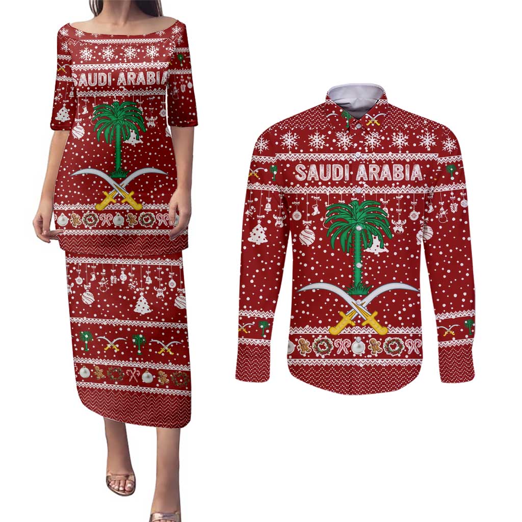 Saudi Arabia Christmas Couples Matching Puletasi and Long Sleeve Button Shirt with Red Festive Pattern, National Emblem with Palm and Swords, and Map Motif - Wonder Print Shop