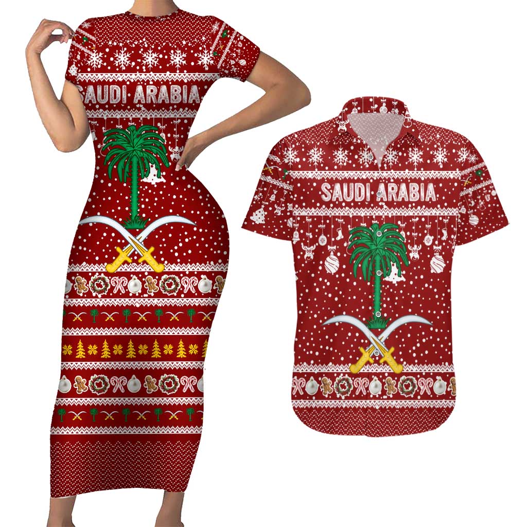 Saudi Arabia Christmas Couples Matching Short Sleeve Bodycon Dress and Hawaiian Shirt with Red Festive Pattern, National Emblem with Palm and Swords, and Map Motif - Wonder Print Shop
