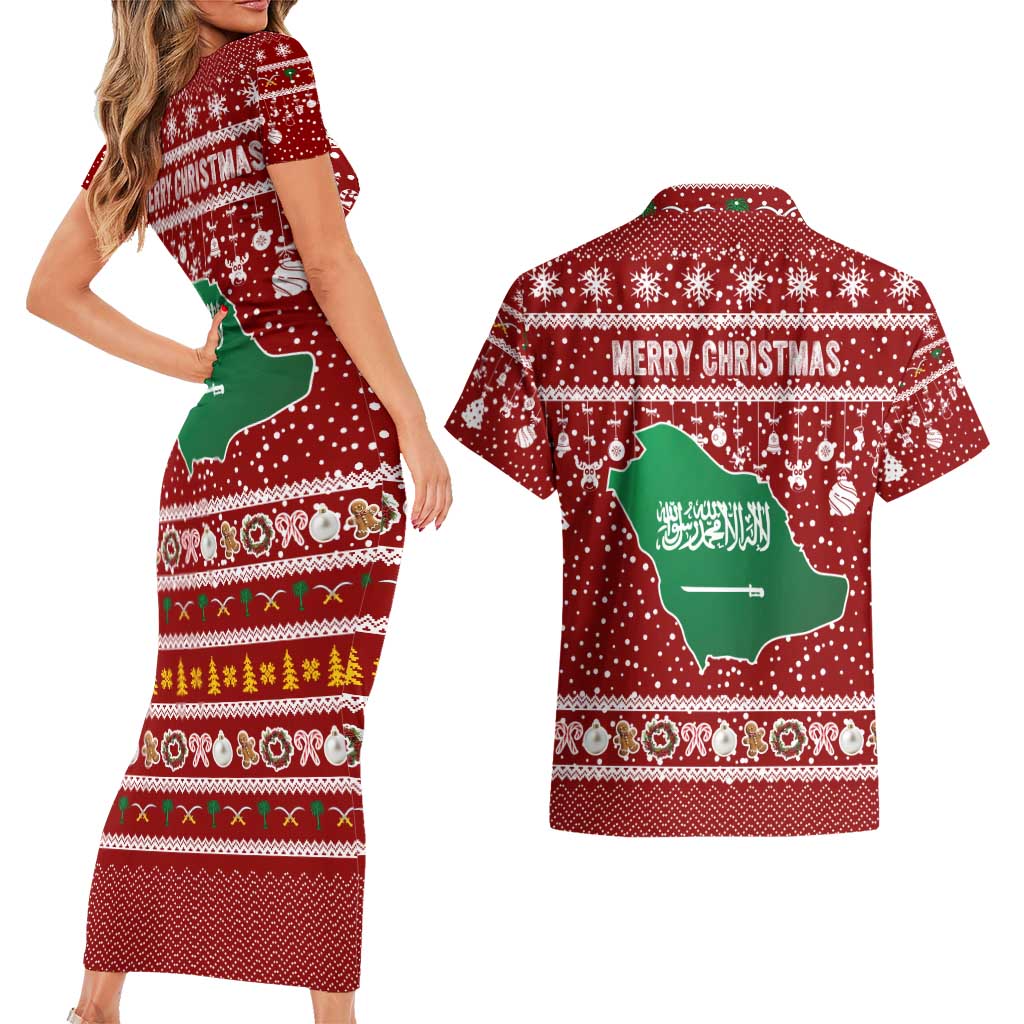 Saudi Arabia Christmas Couples Matching Short Sleeve Bodycon Dress and Hawaiian Shirt with Red Festive Pattern, National Emblem with Palm and Swords, and Map Motif - Wonder Print Shop