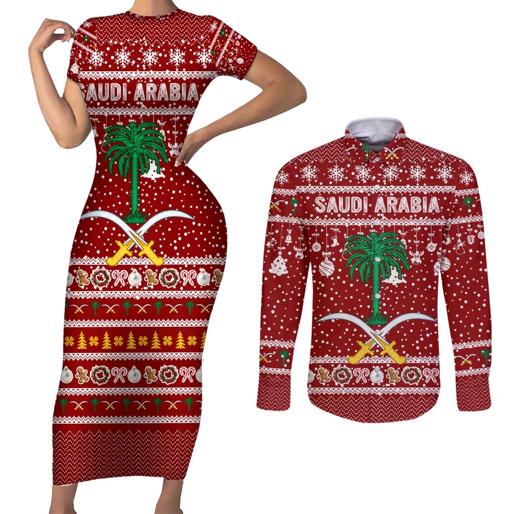 Saudi Arabia Christmas Couples Matching Short Sleeve Bodycon Dress and Long Sleeve Button Shirt with Red Festive Pattern, National Emblem with Palm and Swords, and Map Motif - Wonder Print Shop