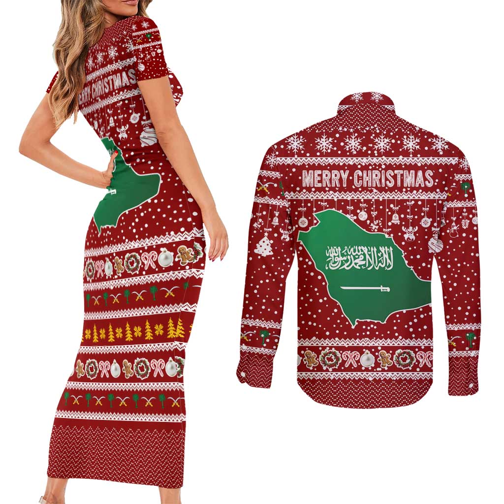 Saudi Arabia Christmas Couples Matching Short Sleeve Bodycon Dress and Long Sleeve Button Shirt with Red Festive Pattern, National Emblem with Palm and Swords, and Map Motif - Wonder Print Shop