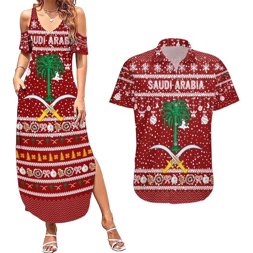 Saudi Arabia Christmas Couples Matching Summer Maxi Dress and Hawaiian Shirt with Red Festive Pattern, National Emblem with Palm and Swords, and Map Motif - Wonder Print Shop
