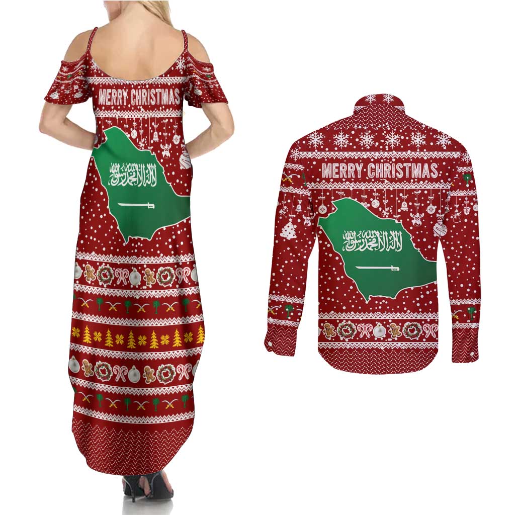 Saudi Arabia Christmas Couples Matching Summer Maxi Dress and Long Sleeve Button Shirt with Red Festive Pattern, National Emblem with Palm and Swords, and Map Motif - Wonder Print Shop