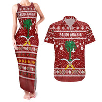 Saudi Arabia Christmas Couples Matching Tank Maxi Dress and Hawaiian Shirt with Red Festive Pattern, National Emblem with Palm and Swords, and Map Motif - Wonder Print Shop