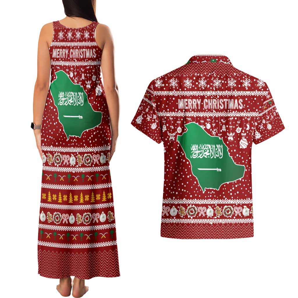 Saudi Arabia Christmas Couples Matching Tank Maxi Dress and Hawaiian Shirt with Red Festive Pattern, National Emblem with Palm and Swords, and Map Motif - Wonder Print Shop