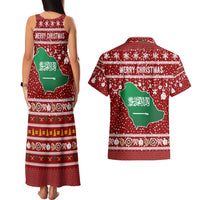 Saudi Arabia Christmas Couples Matching Tank Maxi Dress and Hawaiian Shirt with Red Festive Pattern, National Emblem with Palm and Swords, and Map Motif - Wonder Print Shop