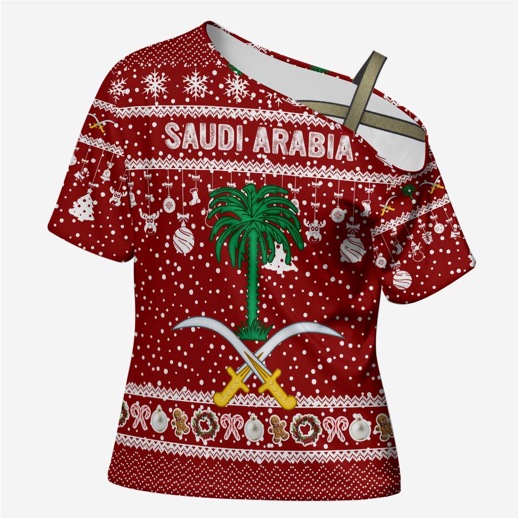 Saudi Arabia Christmas Cross Shoulder Shirt with Red Festive Pattern, National Emblem with Palm and Swords, and Map Motif - Wonder Print Shop