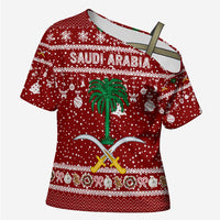 Saudi Arabia Christmas Cross Shoulder Shirt with Red Festive Pattern, National Emblem with Palm and Swords, and Map Motif - Wonder Print Shop