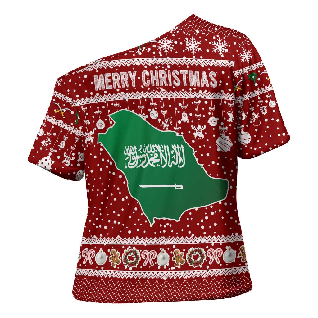 Saudi Arabia Christmas Cross Shoulder Shirt with Red Festive Pattern, National Emblem with Palm and Swords, and Map Motif - Wonder Print Shop
