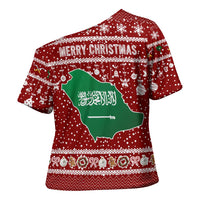 Saudi Arabia Christmas Cross Shoulder Shirt with Red Festive Pattern, National Emblem with Palm and Swords, and Map Motif - Wonder Print Shop