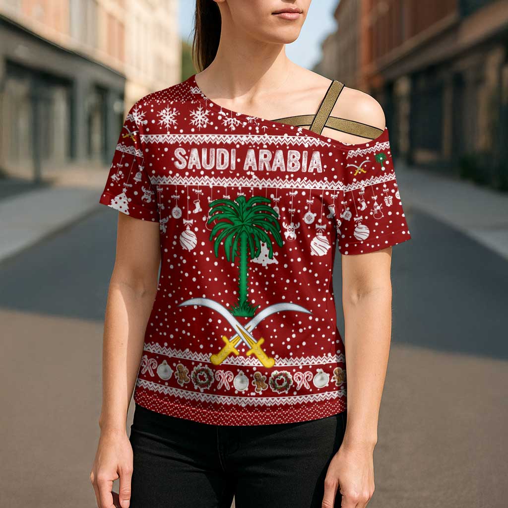 Saudi Arabia Christmas Cross Shoulder Shirt with Red Festive Pattern, National Emblem with Palm and Swords, and Map Motif - Wonder Print Shop