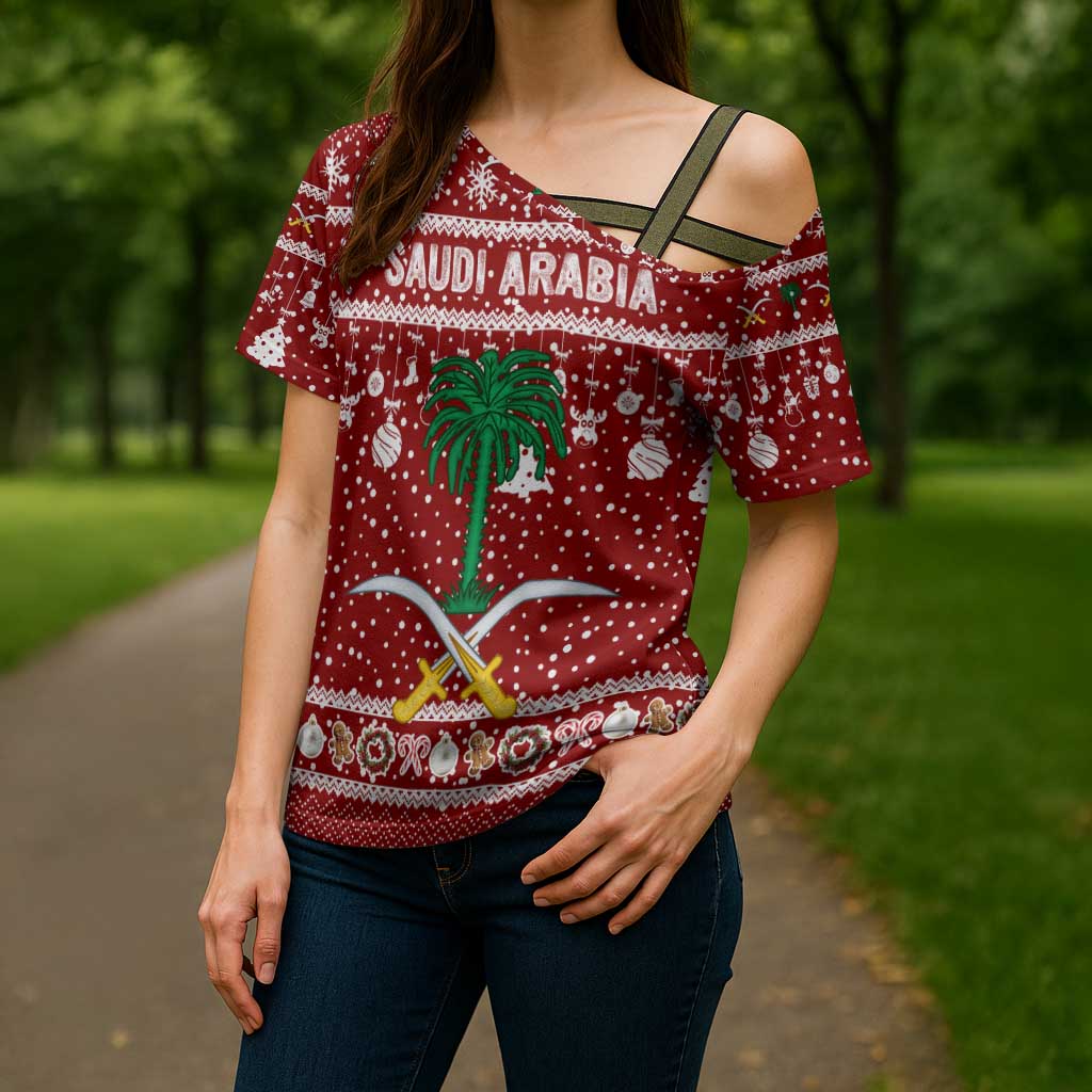 Saudi Arabia Christmas Cross Shoulder Shirt with Red Festive Pattern, National Emblem with Palm and Swords, and Map Motif - Wonder Print Shop