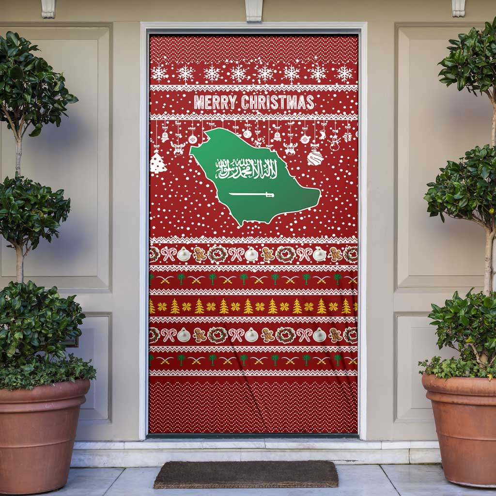 Saudi Arabia Christmas Door Cover with Red Festive Pattern, National Emblem with Palm and Swords, and Map Motif - Wonder Print Shop
