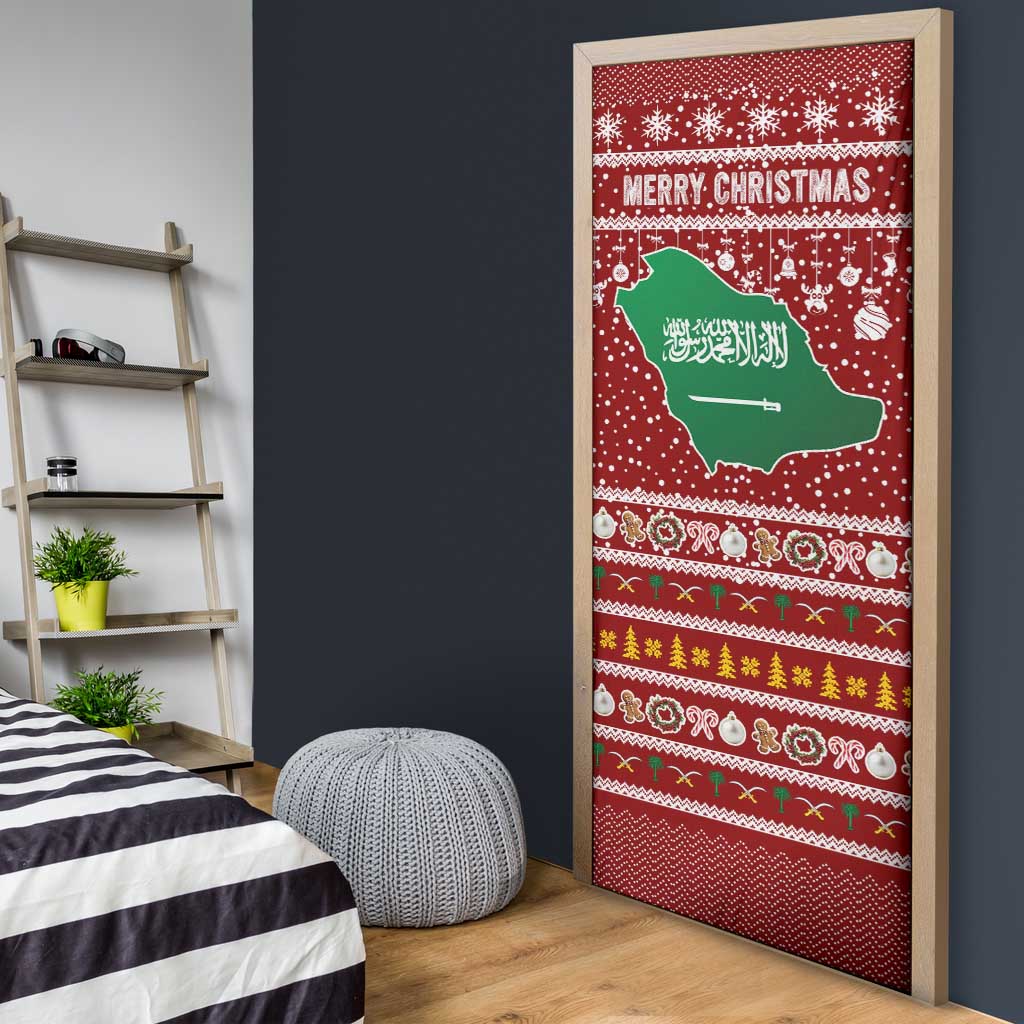 Saudi Arabia Christmas Door Cover with Red Festive Pattern, National Emblem with Palm and Swords, and Map Motif - Wonder Print Shop
