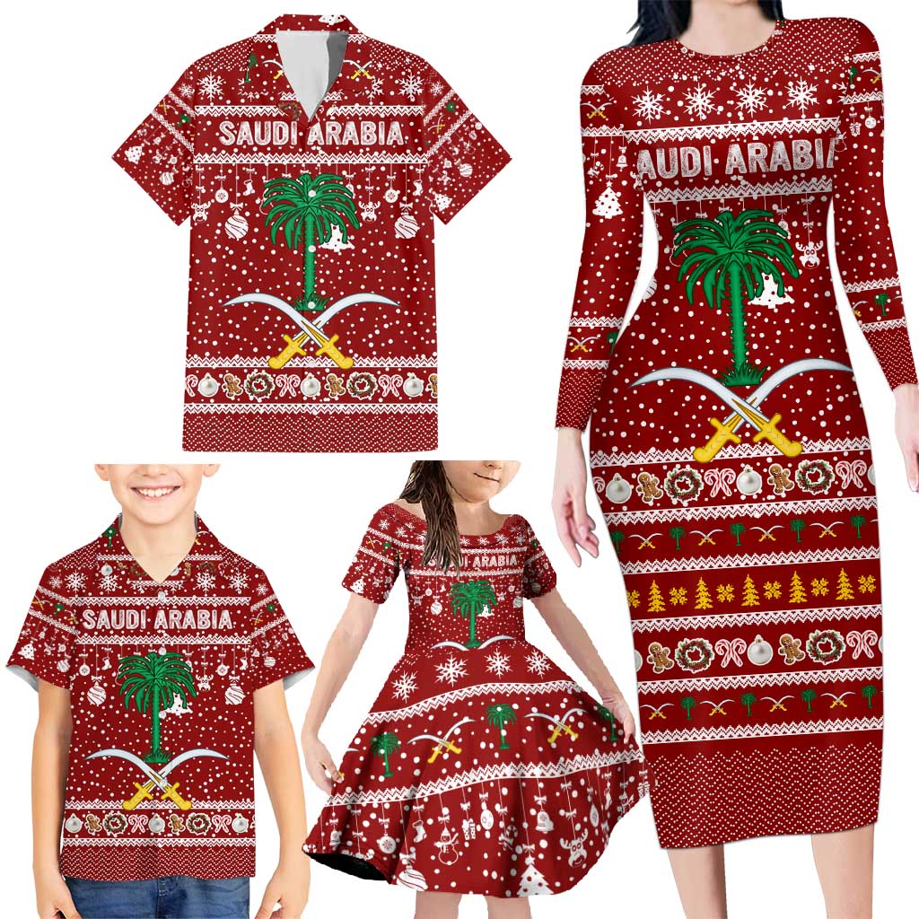 Saudi Arabia Christmas Family Matching Long Sleeve Bodycon Dress and Hawaiian Shirt with Red Festive Pattern, National Emblem with Palm and Swords, and Map Motif - Wonder Print Shop