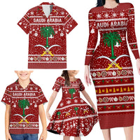 Saudi Arabia Christmas Family Matching Long Sleeve Bodycon Dress and Hawaiian Shirt with Red Festive Pattern, National Emblem with Palm and Swords, and Map Motif - Wonder Print Shop