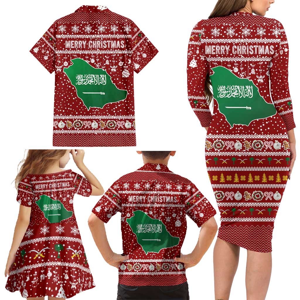 Saudi Arabia Christmas Family Matching Long Sleeve Bodycon Dress and Hawaiian Shirt with Red Festive Pattern, National Emblem with Palm and Swords, and Map Motif - Wonder Print Shop