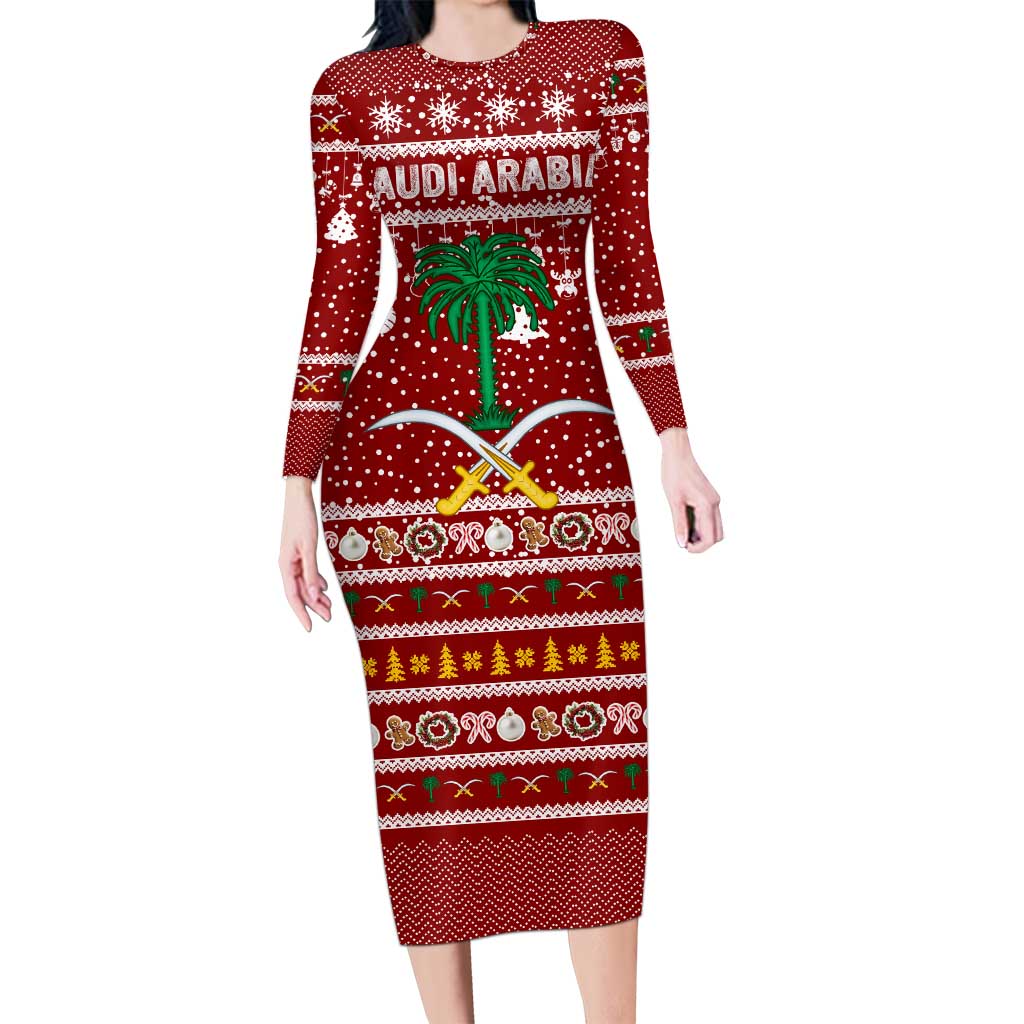 Saudi Arabia Christmas Family Matching Long Sleeve Bodycon Dress and Hawaiian Shirt with Red Festive Pattern, National Emblem with Palm and Swords, and Map Motif - Wonder Print Shop