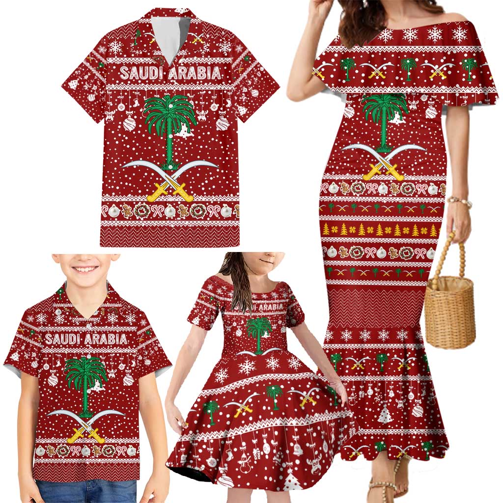 Saudi Arabia Christmas Family Matching Mermaid Dress and Hawaiian Shirt with Red Festive Pattern, National Emblem with Palm and Swords, and Map Motif - Wonder Print Shop