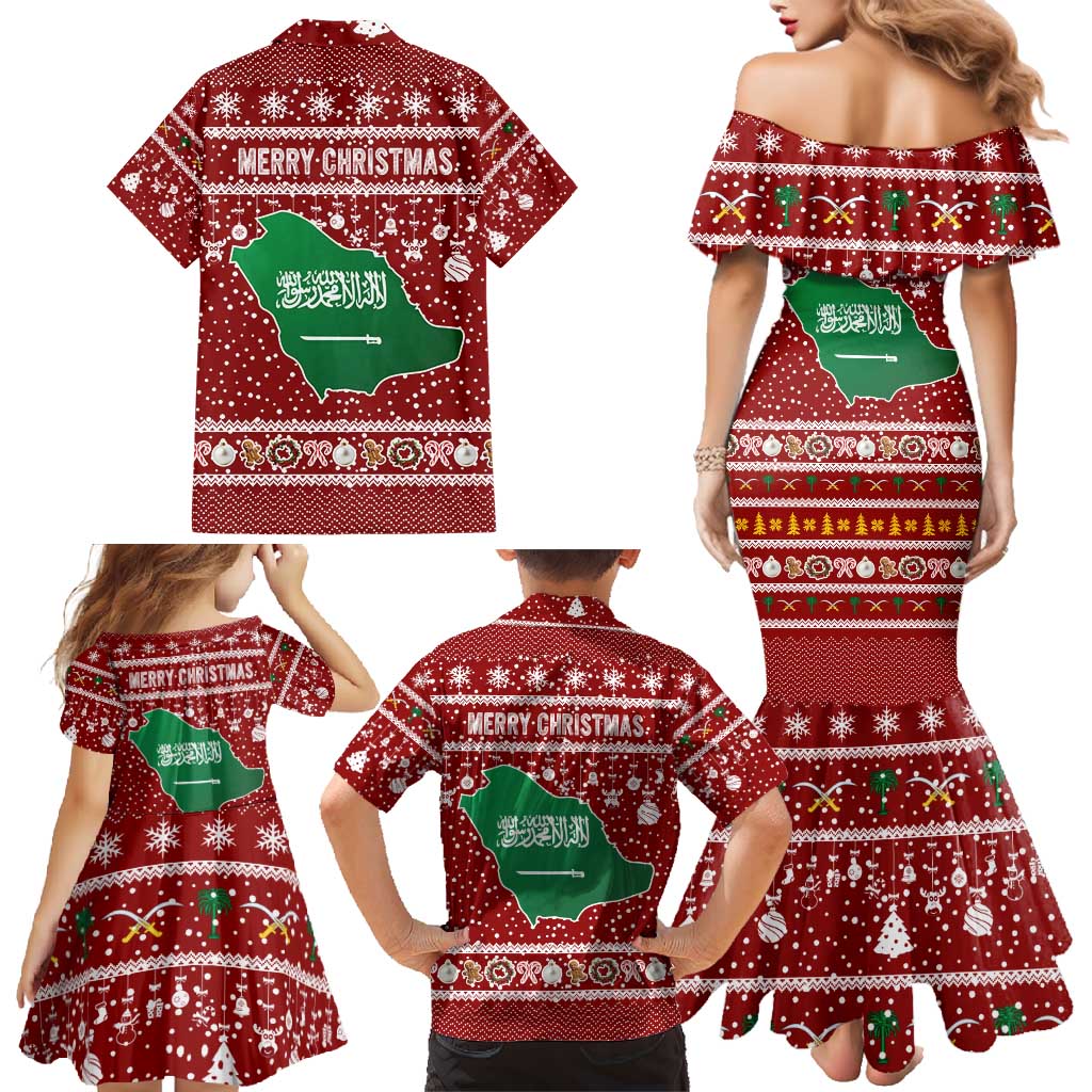 Saudi Arabia Christmas Family Matching Mermaid Dress and Hawaiian Shirt with Red Festive Pattern, National Emblem with Palm and Swords, and Map Motif - Wonder Print Shop