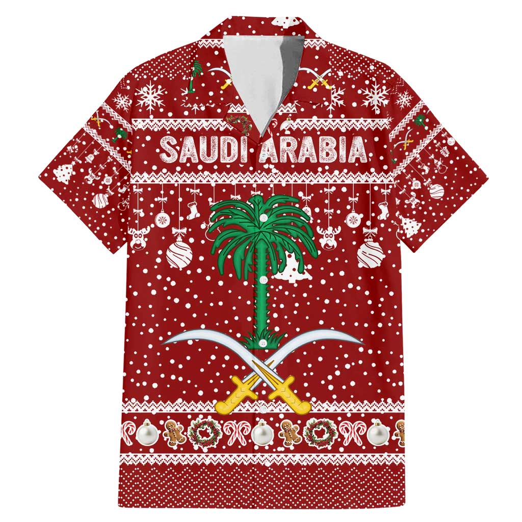 Saudi Arabia Christmas Family Matching Mermaid Dress and Hawaiian Shirt with Red Festive Pattern, National Emblem with Palm and Swords, and Map Motif - Wonder Print Shop