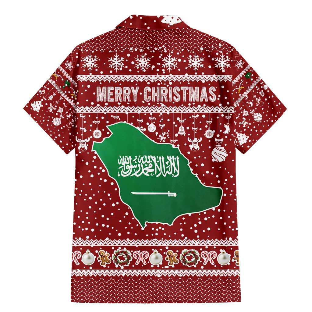 Saudi Arabia Christmas Family Matching Mermaid Dress and Hawaiian Shirt with Red Festive Pattern, National Emblem with Palm and Swords, and Map Motif - Wonder Print Shop