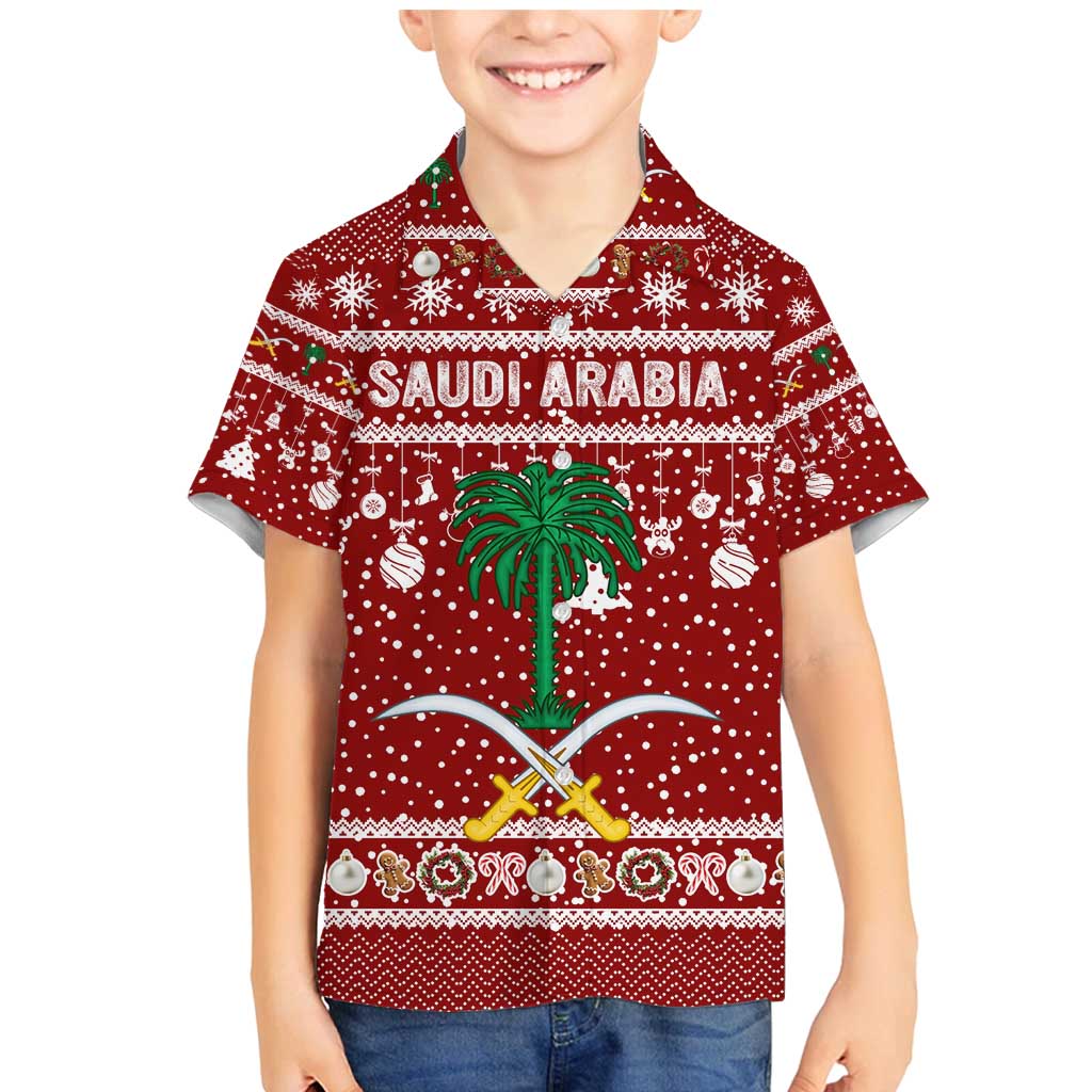 Saudi Arabia Christmas Family Matching Mermaid Dress and Hawaiian Shirt with Red Festive Pattern, National Emblem with Palm and Swords, and Map Motif - Wonder Print Shop