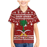 Saudi Arabia Christmas Family Matching Mermaid Dress and Hawaiian Shirt with Red Festive Pattern, National Emblem with Palm and Swords, and Map Motif - Wonder Print Shop