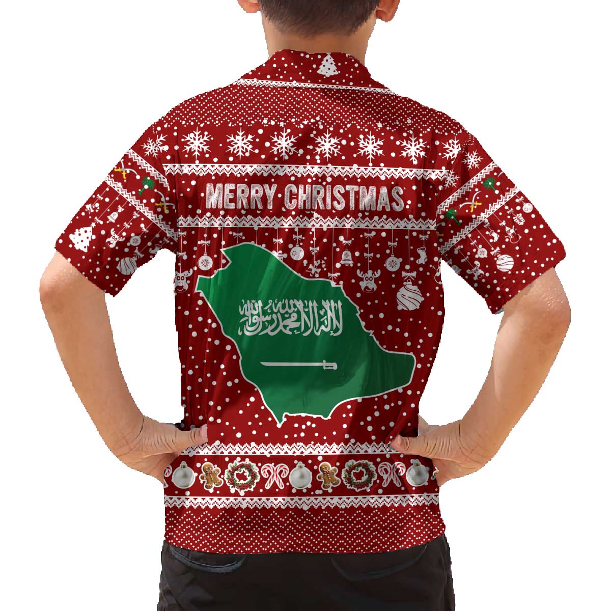 Saudi Arabia Christmas Family Matching Off The Shoulder Long Sleeve Dress and Hawaiian Shirt with Red Festive Pattern, National Emblem with Palm and Swords, and Map Motif - Wonder Print Shop
