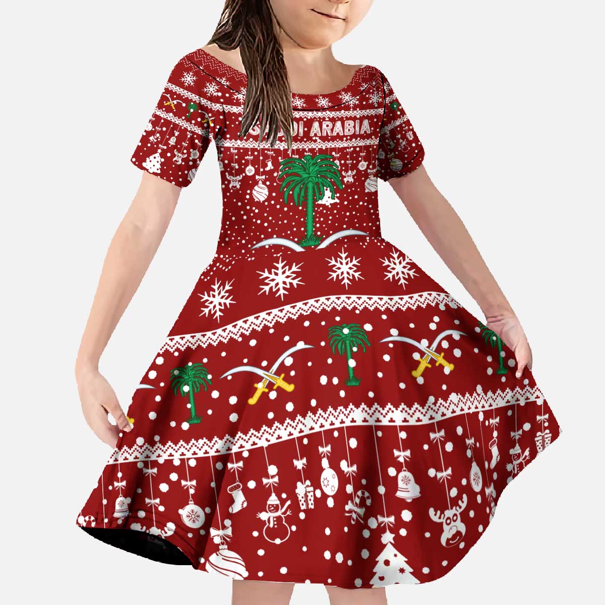 Saudi Arabia Christmas Family Matching Off The Shoulder Long Sleeve Dress and Hawaiian Shirt with Red Festive Pattern, National Emblem with Palm and Swords, and Map Motif - Wonder Print Shop