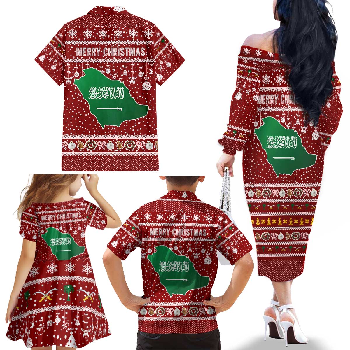 Saudi Arabia Christmas Family Matching Off The Shoulder Long Sleeve Dress and Hawaiian Shirt with Red Festive Pattern, National Emblem with Palm and Swords, and Map Motif - Wonder Print Shop