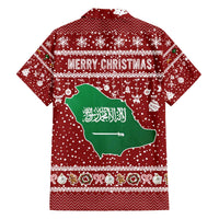 Saudi Arabia Christmas Family Matching Off The Shoulder Long Sleeve Dress and Hawaiian Shirt with Red Festive Pattern, National Emblem with Palm and Swords, and Map Motif - Wonder Print Shop