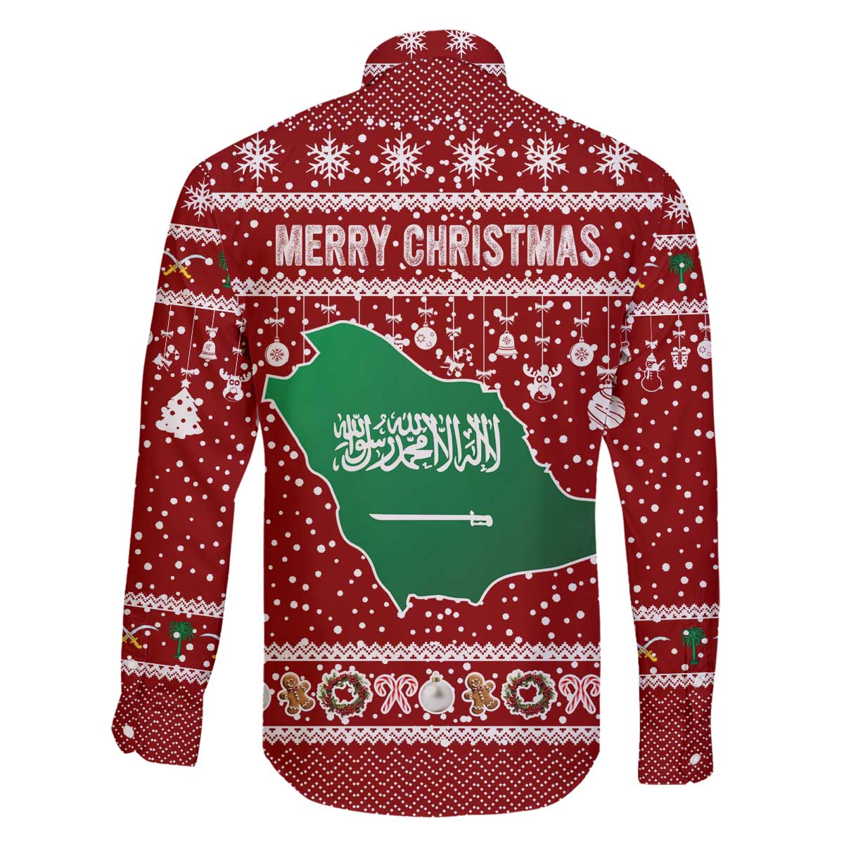 Saudi Arabia Christmas Family Matching Off The Shoulder Long Sleeve Dress and Hawaiian Shirt with Red Festive Pattern, National Emblem with Palm and Swords, and Map Motif - Wonder Print Shop