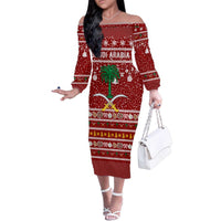 Saudi Arabia Christmas Family Matching Off The Shoulder Long Sleeve Dress and Hawaiian Shirt with Red Festive Pattern, National Emblem with Palm and Swords, and Map Motif - Wonder Print Shop