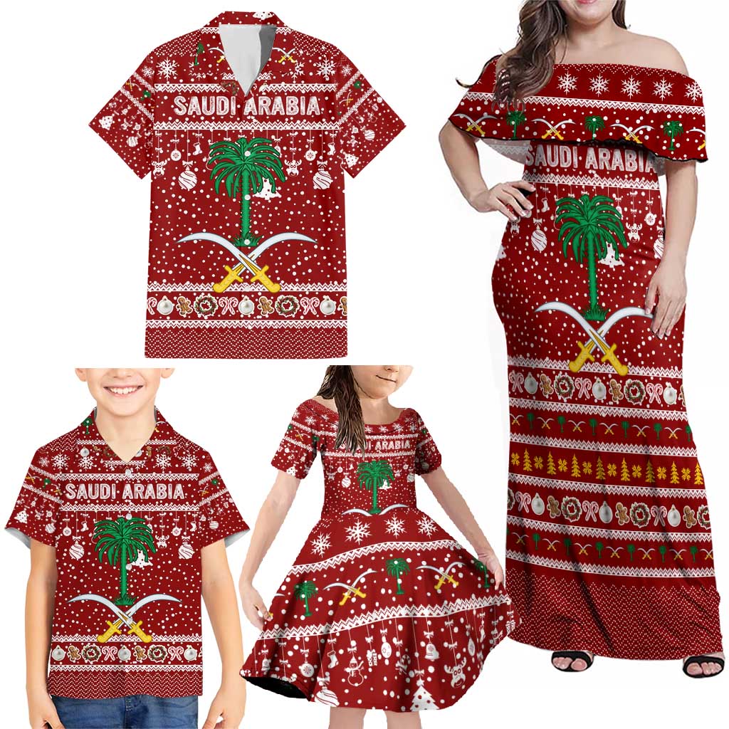 Saudi Arabia Christmas Family Matching Off Shoulder Maxi Dress and Hawaiian Shirt with Red Festive Pattern, National Emblem with Palm and Swords, and Map Motif - Wonder Print Shop
