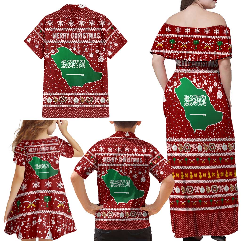 Saudi Arabia Christmas Family Matching Off Shoulder Maxi Dress and Hawaiian Shirt with Red Festive Pattern, National Emblem with Palm and Swords, and Map Motif - Wonder Print Shop