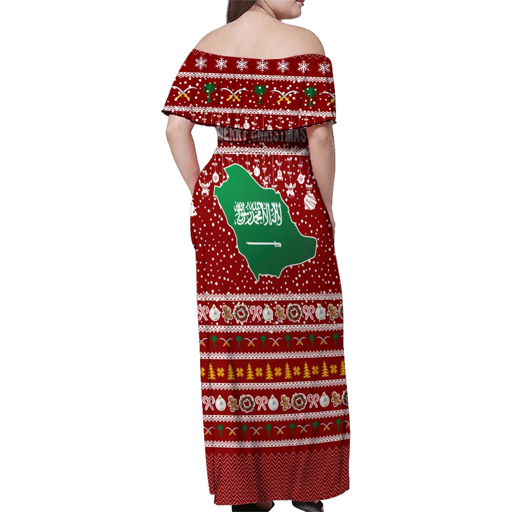 Saudi Arabia Christmas Family Matching Off Shoulder Maxi Dress and Hawaiian Shirt with Red Festive Pattern, National Emblem with Palm and Swords, and Map Motif - Wonder Print Shop