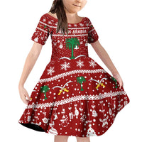 Saudi Arabia Christmas Family Matching Off Shoulder Short Dress and Hawaiian Shirt with Red Festive Pattern, National Emblem with Palm and Swords, and Map Motif - Wonder Print Shop