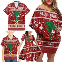 Saudi Arabia Christmas Family Matching Off Shoulder Short Dress and Hawaiian Shirt with Red Festive Pattern, National Emblem with Palm and Swords, and Map Motif - Wonder Print Shop