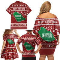 Saudi Arabia Christmas Family Matching Off Shoulder Short Dress and Hawaiian Shirt with Red Festive Pattern, National Emblem with Palm and Swords, and Map Motif - Wonder Print Shop